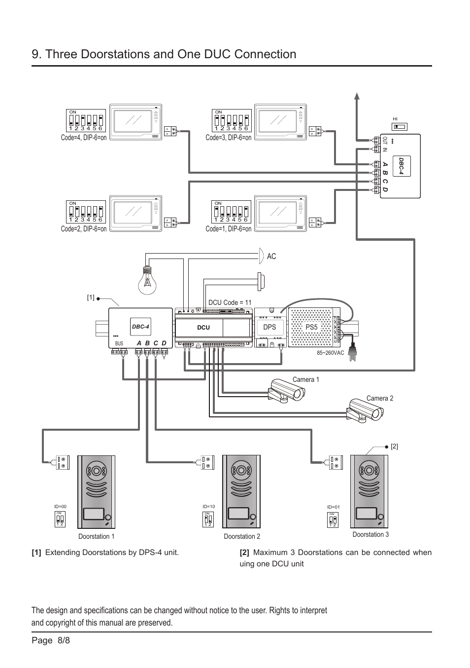 Three doorstations and one duc connection, Page 8/8, Code=4, dip-6=on | V-Tech DT-DCU Manual User Manual | Page 8 / 8