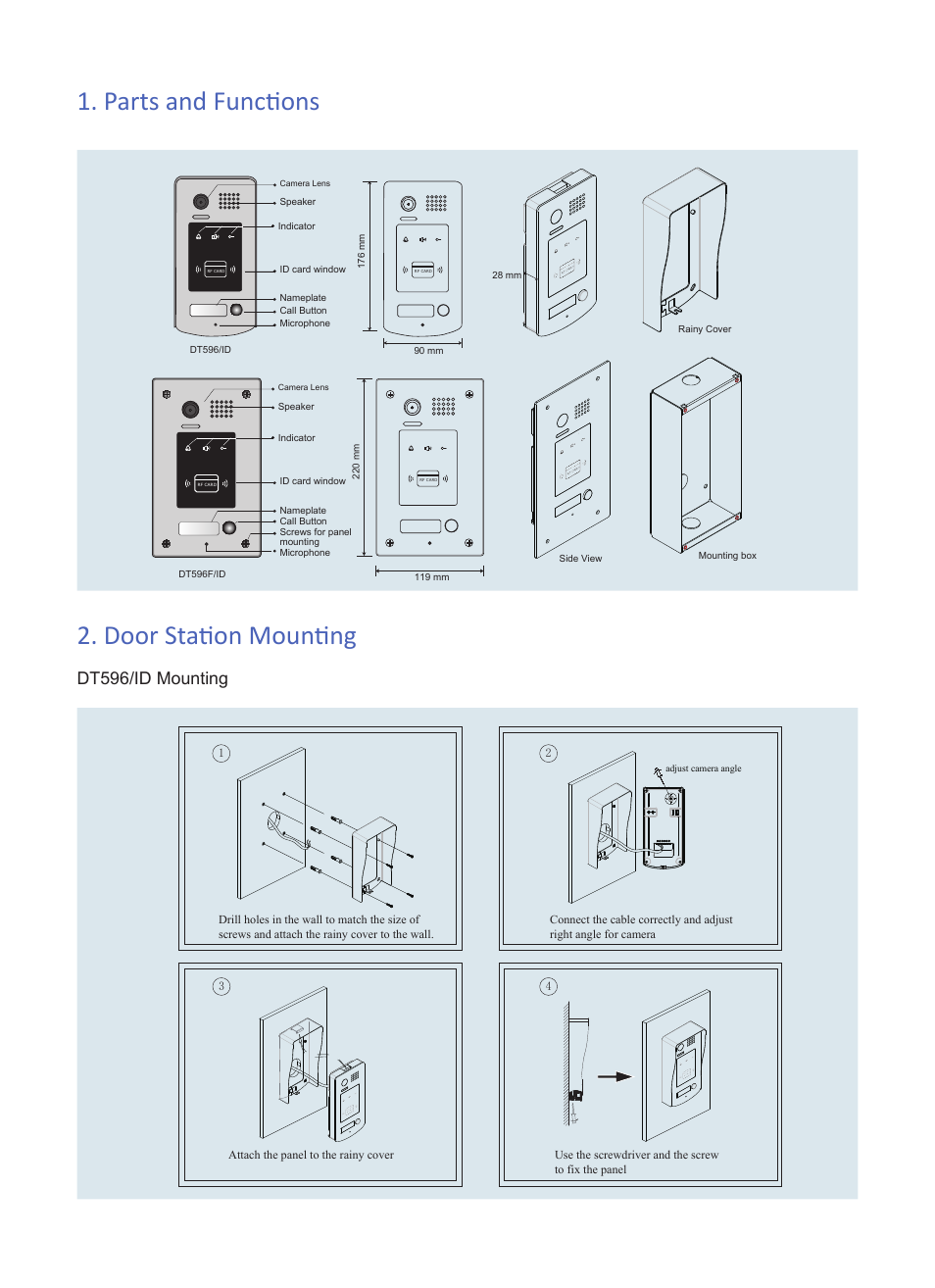 Parts and functions 2. door station mounting, Dt596/id mounting | V-Tech DT596ID Info User Manual | Page 2 / 4