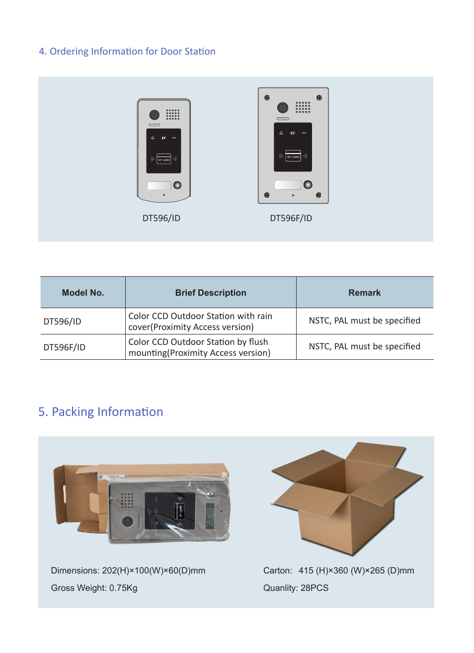 Packing information, Ordering information for door station | V-Tech DT596ID Info User Manual | Page 4 / 4