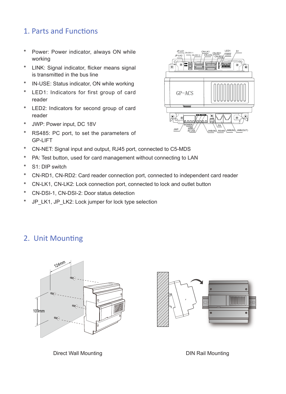 Parts and functions 2. unit mounting, Gp-acs | V-Tech GP-ACS Info User Manual | Page 2 / 3