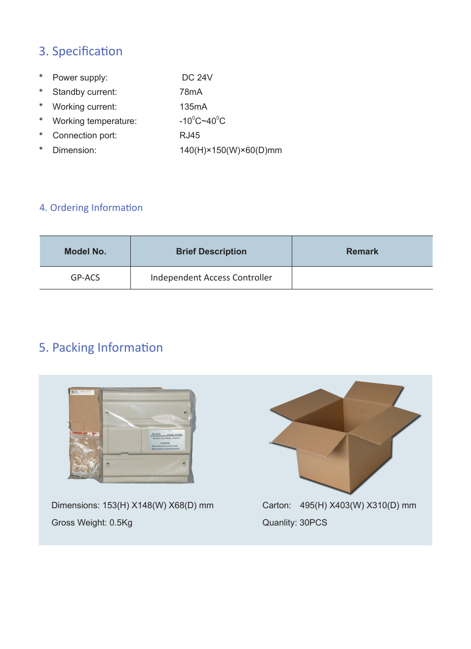Packing information, Specification, Ordering information | V-Tech GP-ACS Info User Manual | Page 3 / 3