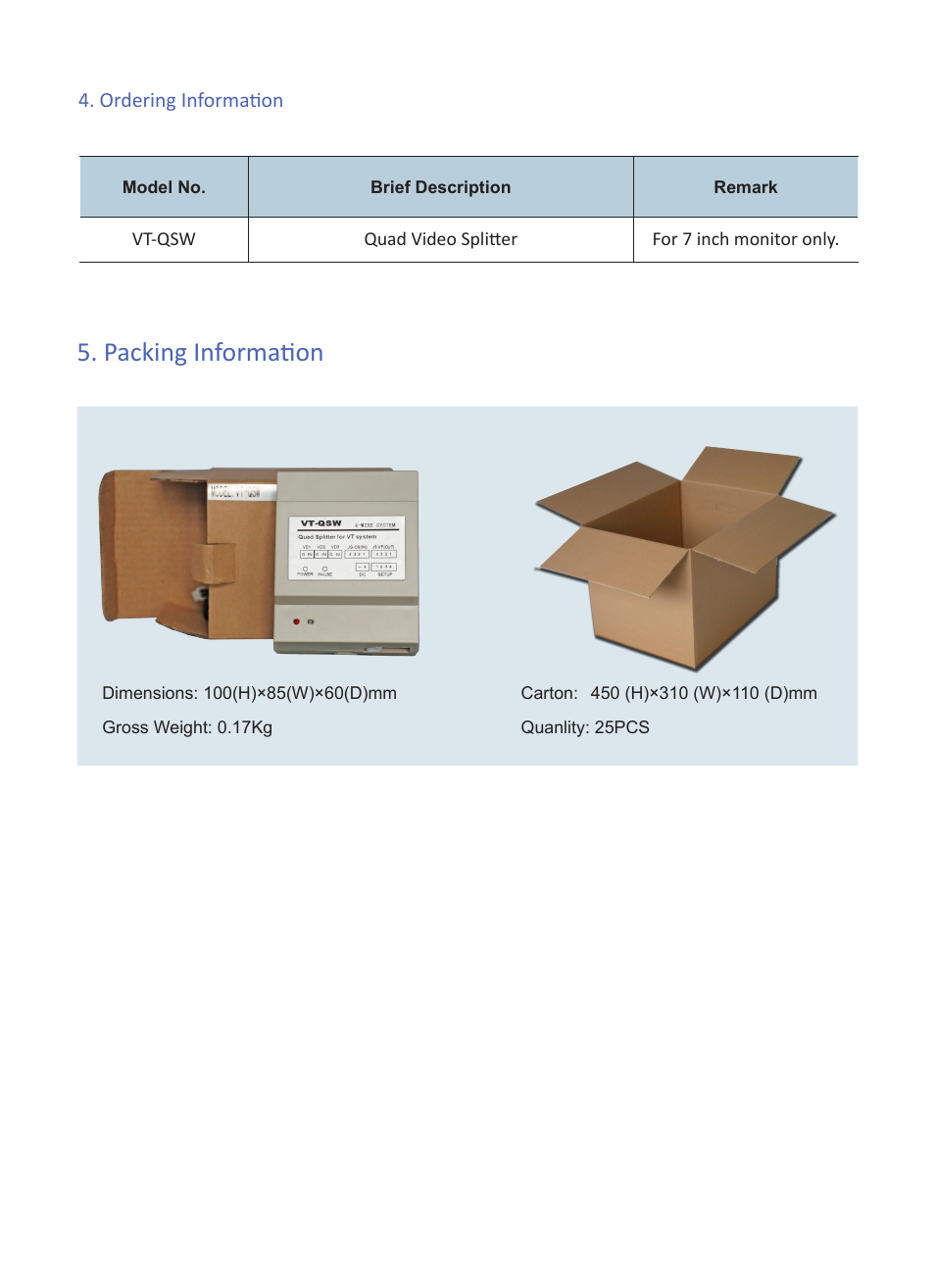 Packing information | V-Tech VT-QSW Info User Manual | Page 3 / 3