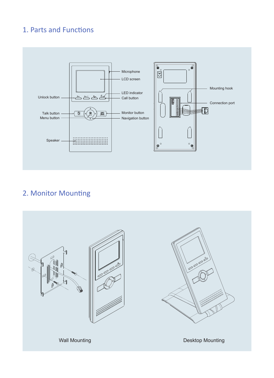 Parts and functions 2. monitor mounting, Wall mounting desktop mounting | V-Tech AT16 User Manual | Page 2 / 4