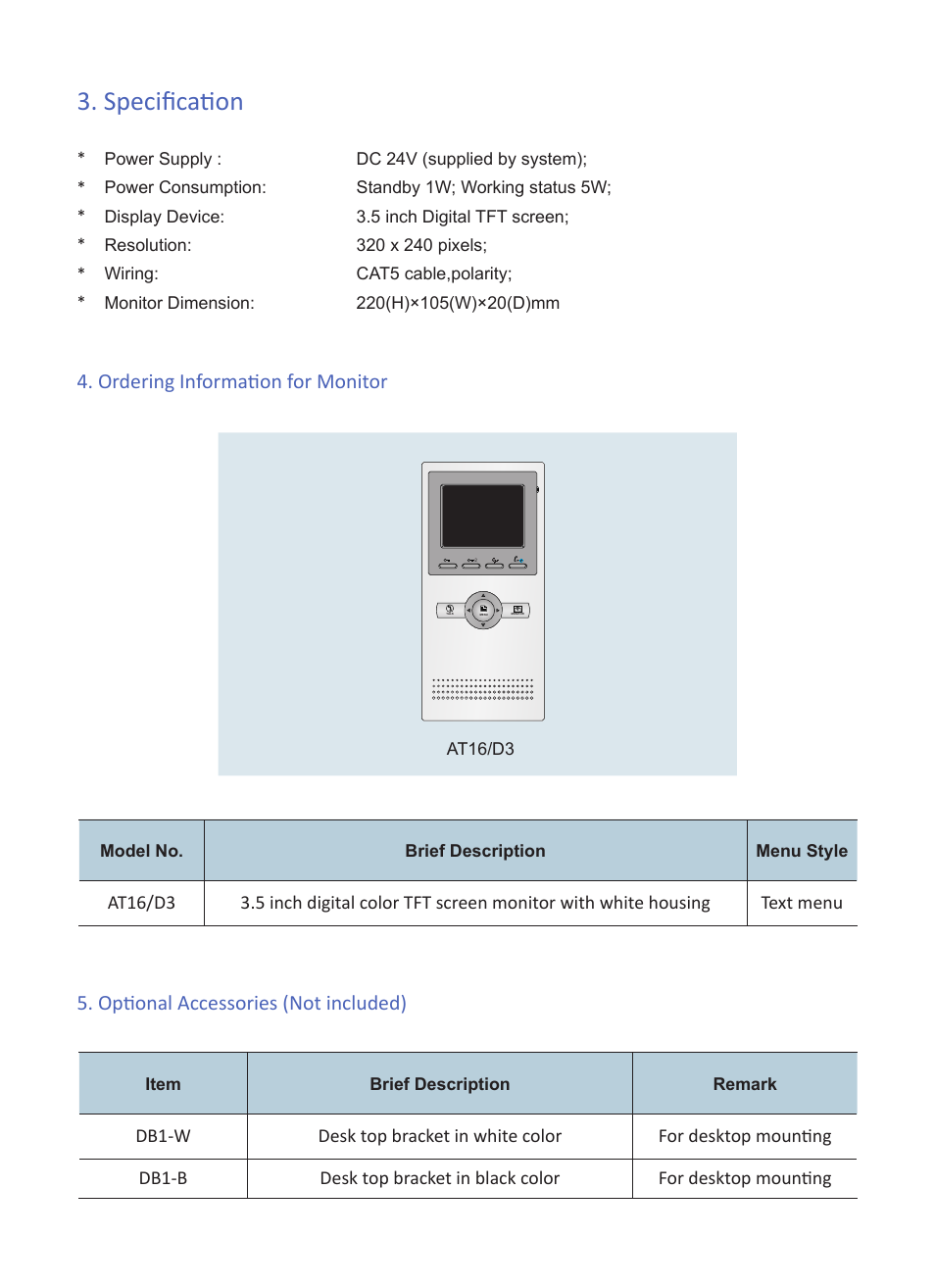 Specification, Ordering information for monitor, Optional accessories (not included) | V-Tech AT16 User Manual | Page 3 / 4