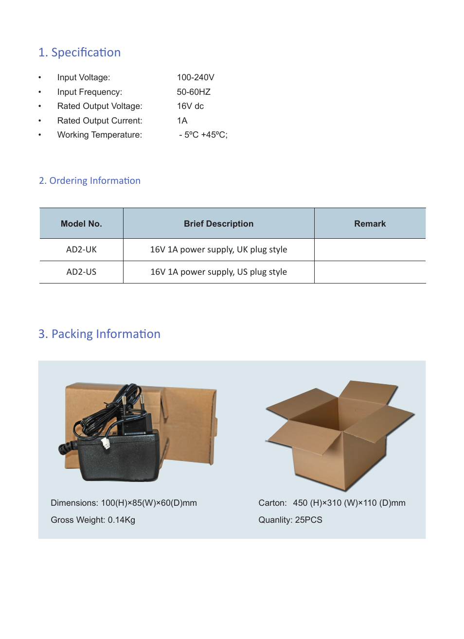 Specification, Packing information | V-Tech AD2 Info User Manual | Page 2 / 2