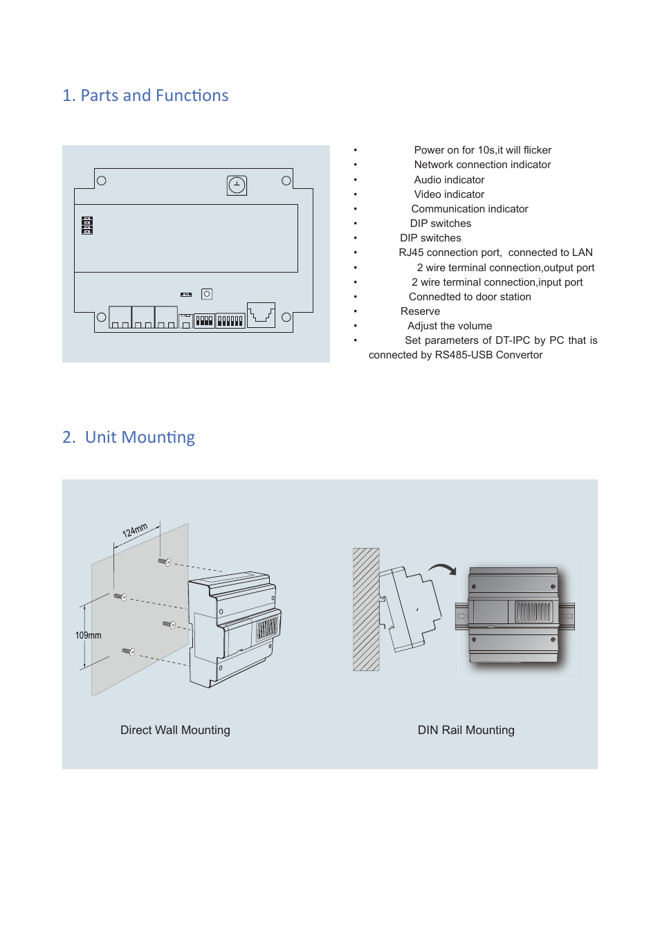 Parts and funcɵ ons 2. unit mounɵ ng, Direct wall mounting din rail mounting | V-Tech DT-IPC Info User Manual | Page 2 / 3