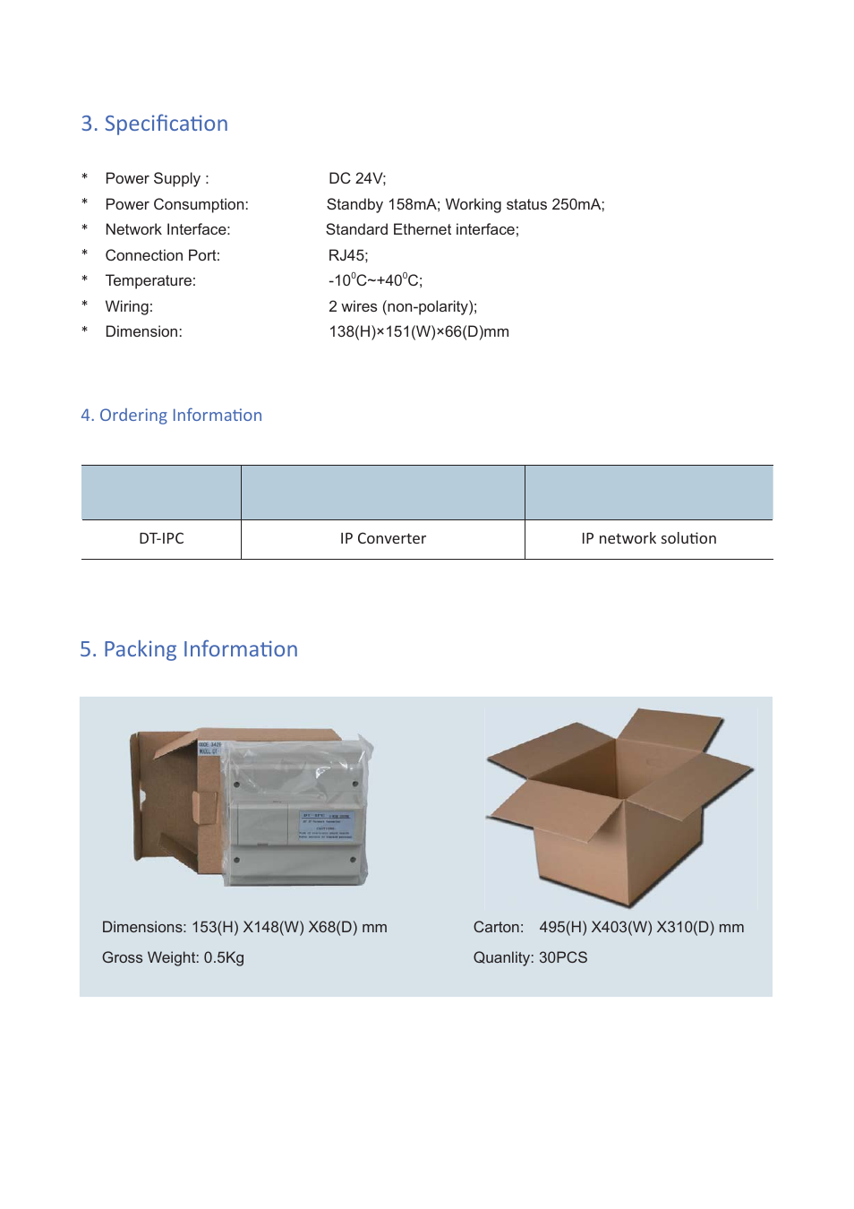 Packing informaɵ on, Specifi caɵ on, Ordering informaɵ on | V-Tech DT-IPC Info User Manual | Page 3 / 3