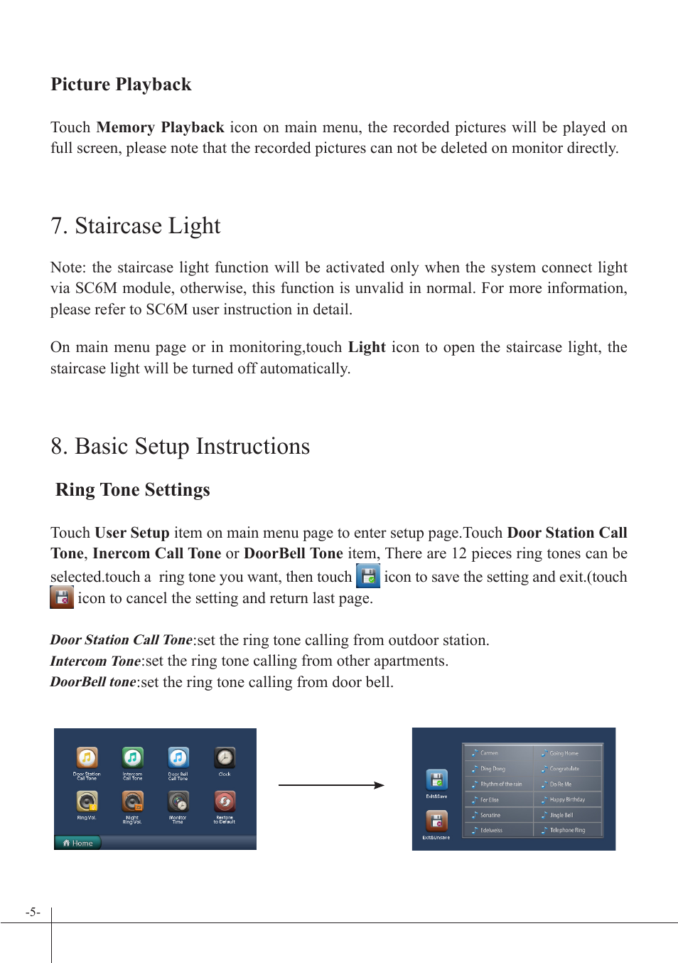 Basic setup instructions, Staircase light, Ring tone settings | Picture playback | V-Tech DT37_TD7 Manual User Manual | Page 6 / 12