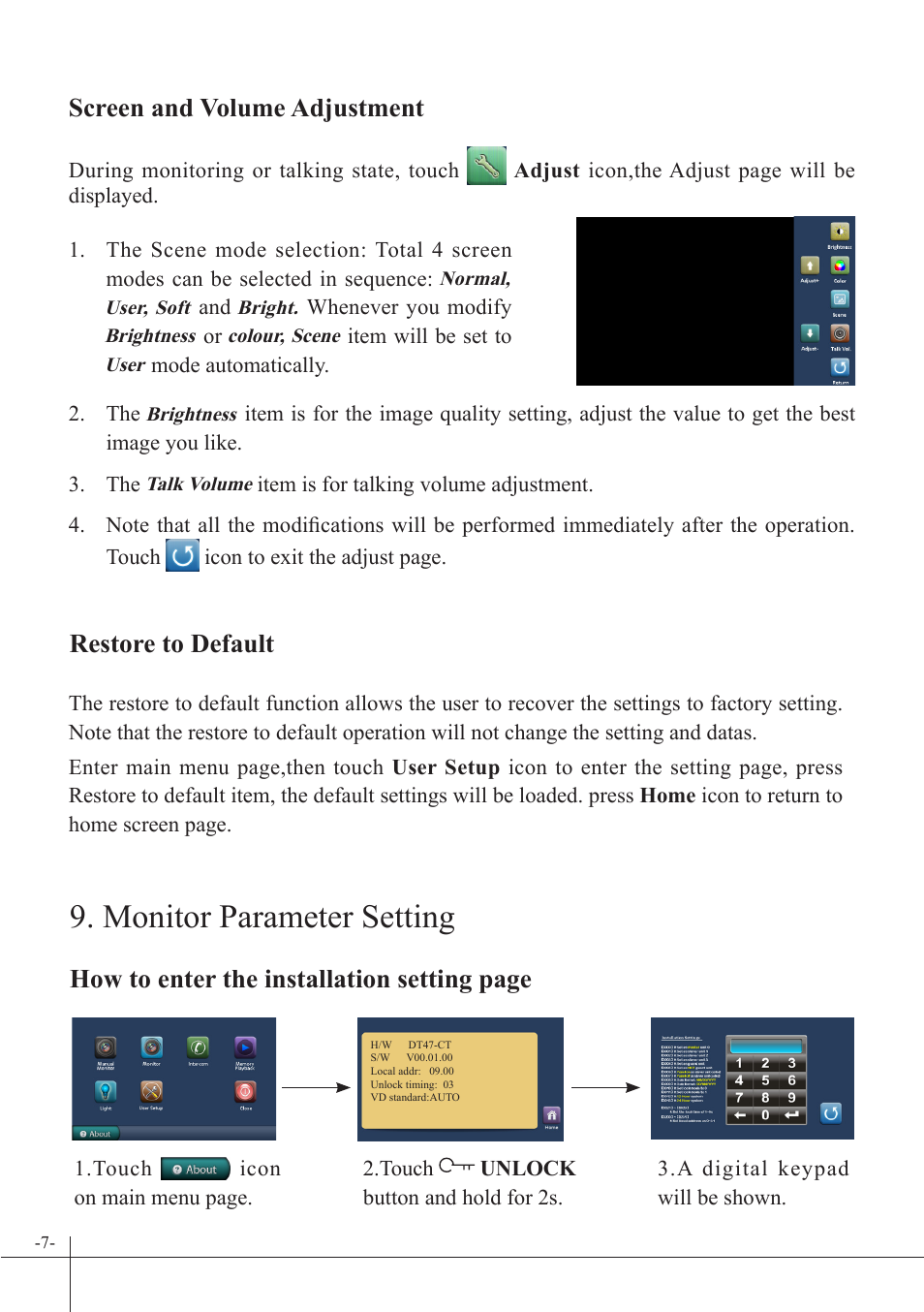 Monitor parameter setting, Restore to default, Screen and volume adjustment | How to enter the installation setting page | V-Tech DT37_TD7 Manual User Manual | Page 8 / 12