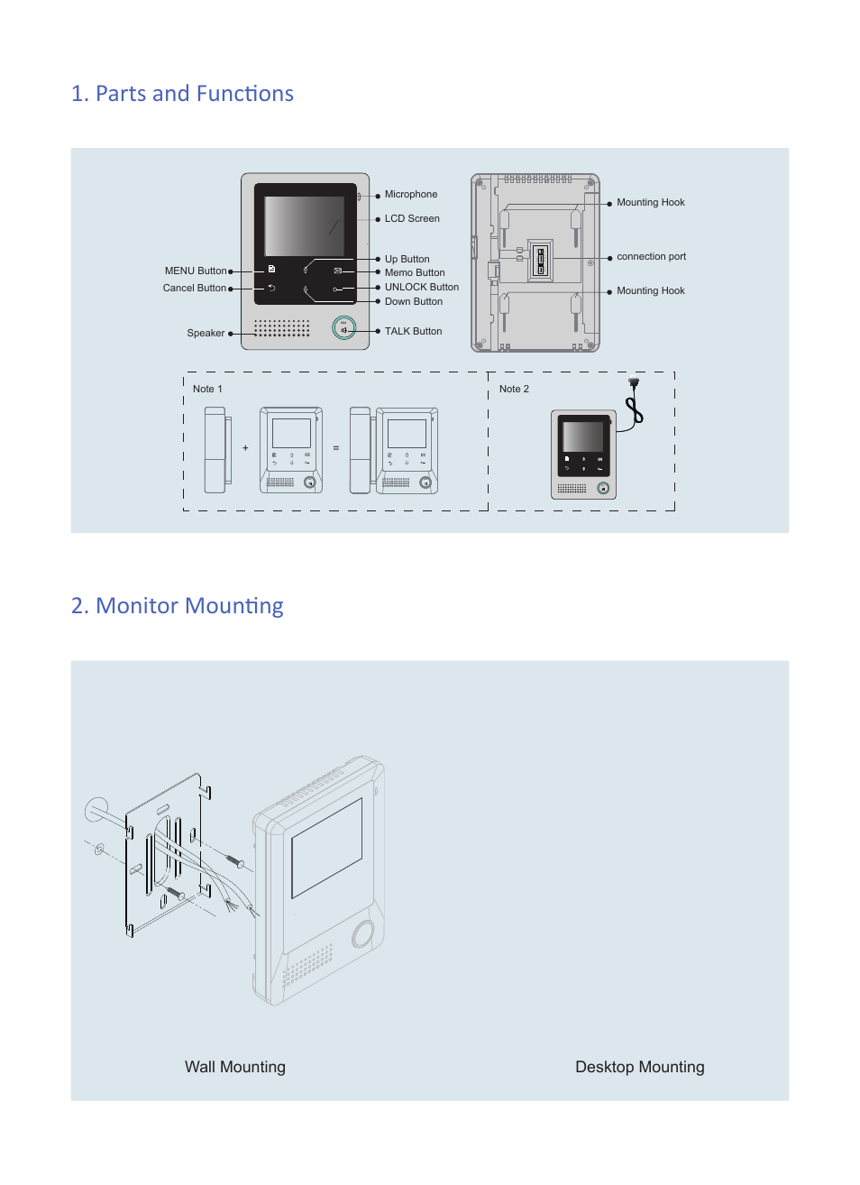 Parts and functions 2. monitor mounting, Wall mounting desktop mounting | V-Tech VT24 Info User Manual | Page 2 / 4