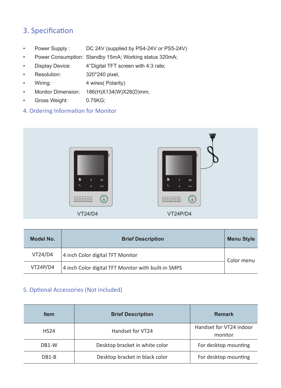 Specification, Ordering information for monitor, Optional accessories (not included) | V-Tech VT24 Info User Manual | Page 3 / 4
