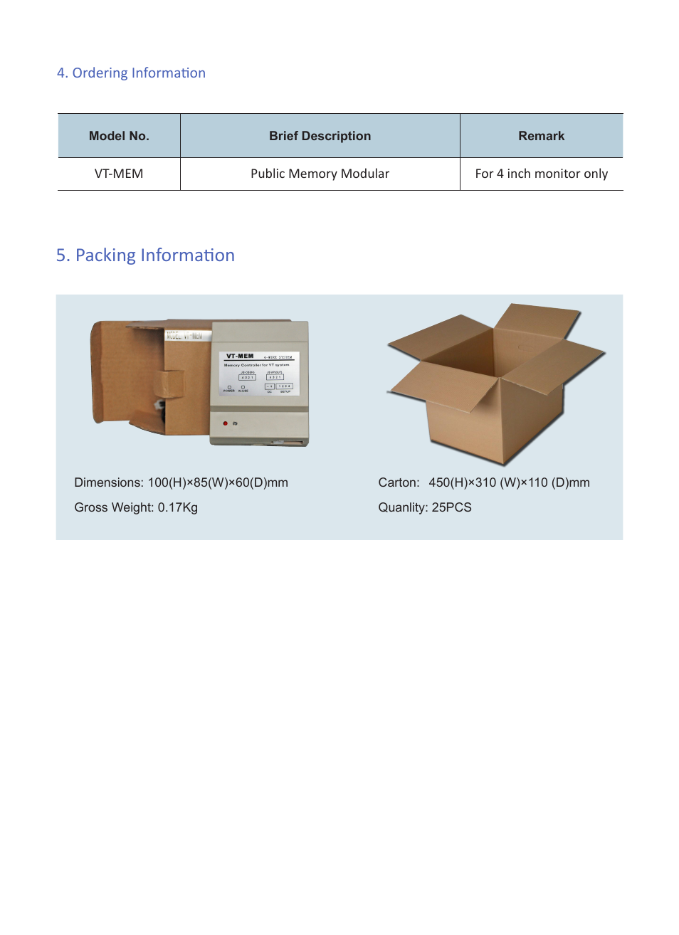 Packing information | V-Tech VT-MEM Info User Manual | Page 3 / 3