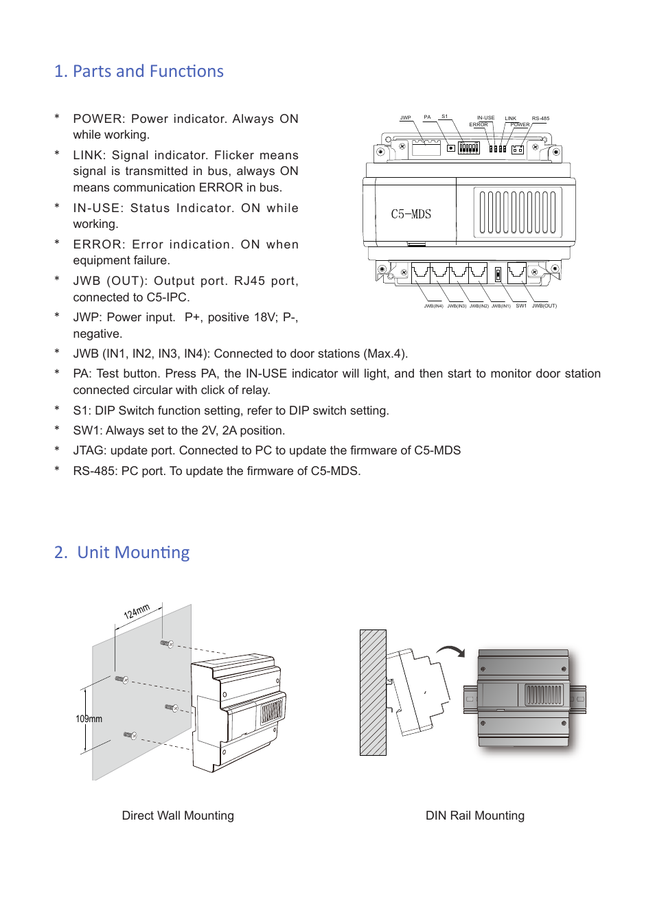 Parts and functions 2. unit mounting | V-Tech C5-MDS Info User Manual | Page 2 / 3