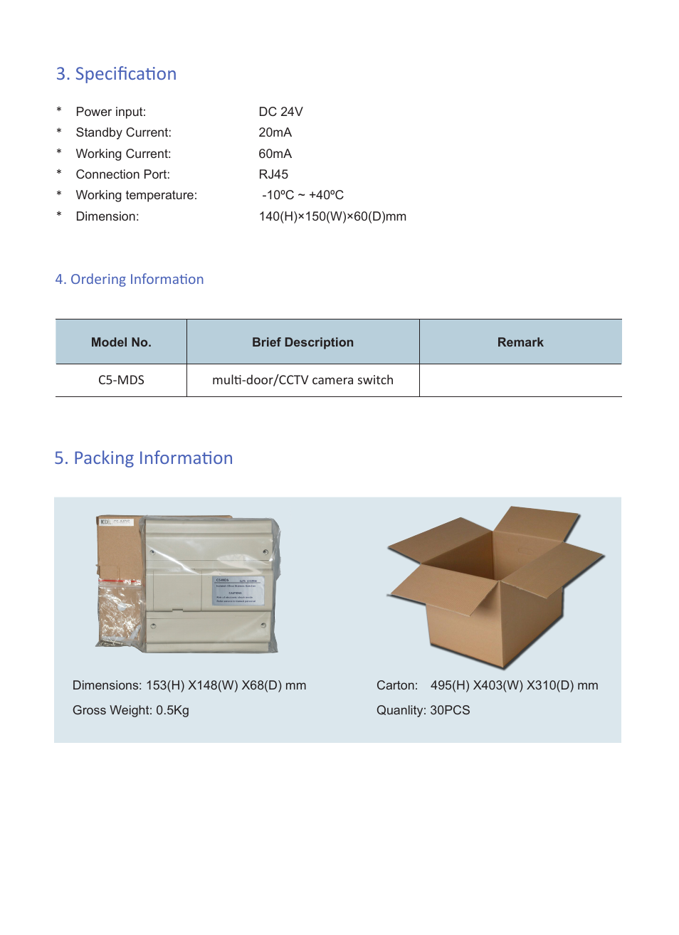 Specification, Packing information | V-Tech C5-MDS Info User Manual | Page 3 / 3
