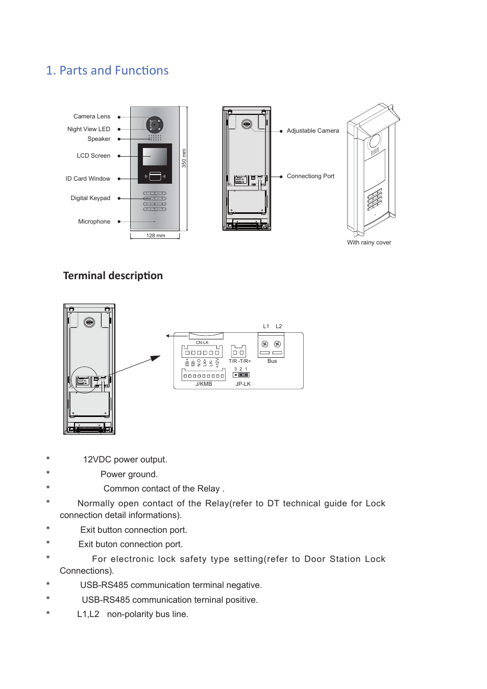 Parts and funcɵ ons, Terminal descripɵ on, 12vdc power output | Power ground, Common contact of the relay, Exit button connection port, Exit buton connection port, Usb-rs485 communication terminal negative, Usb-rs485 communication terninal positive, L1,l2 | V-Tech DMR18 Info User Manual | Page 2 / 4