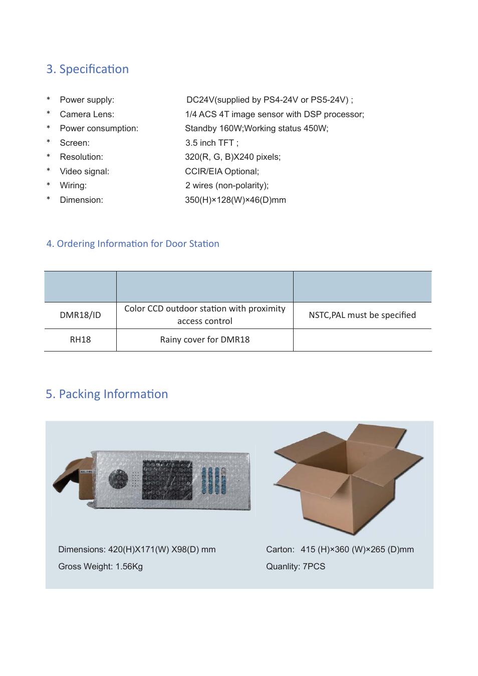 Specifi caɵ on, Packing informaɵ on | V-Tech DMR18 Info User Manual | Page 4 / 4
