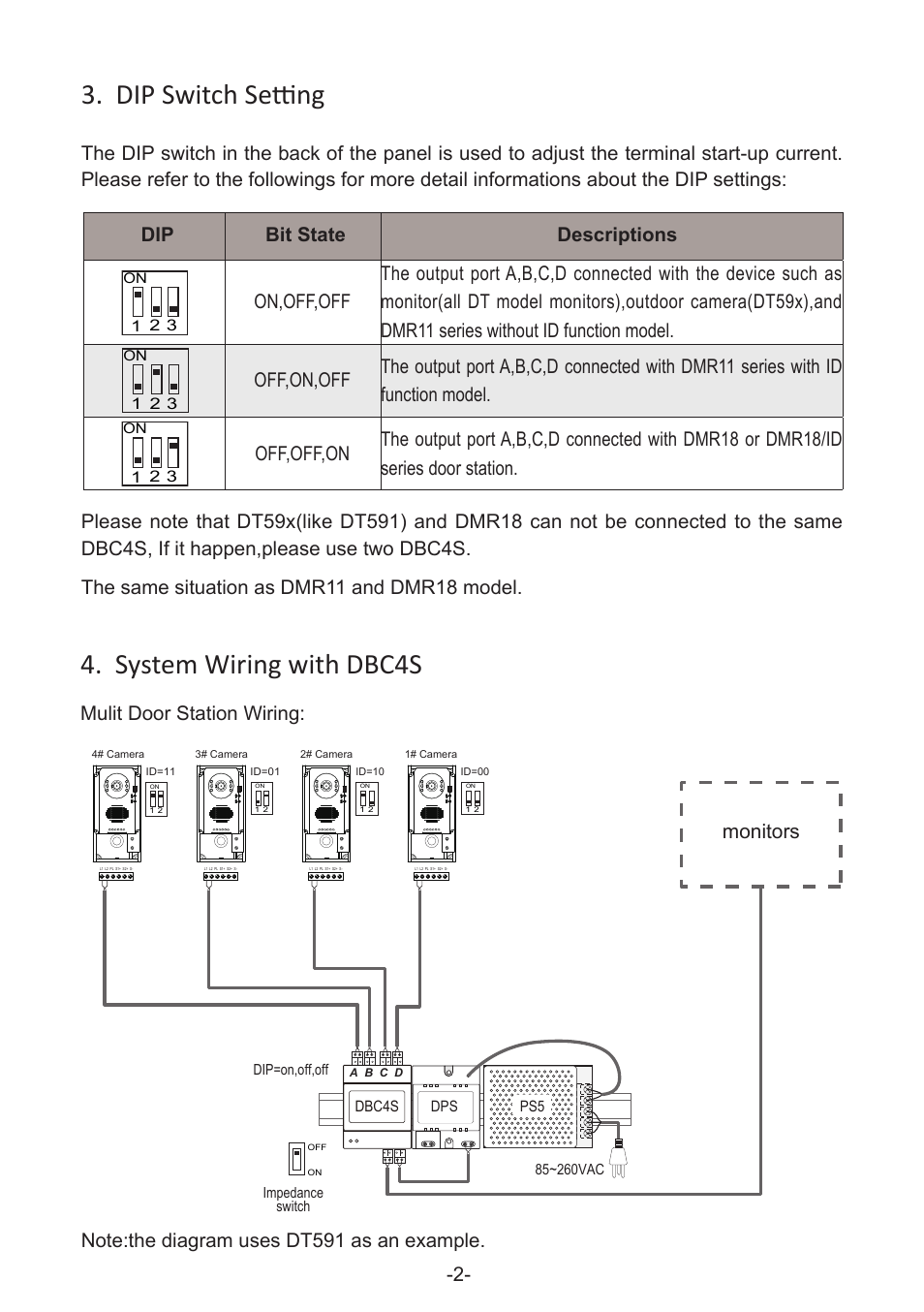 Dip switch setting 4. system wiring with dbc4s, Monitors | V-Tech DT-DBC4S Manual User Manual | Page 2 / 4