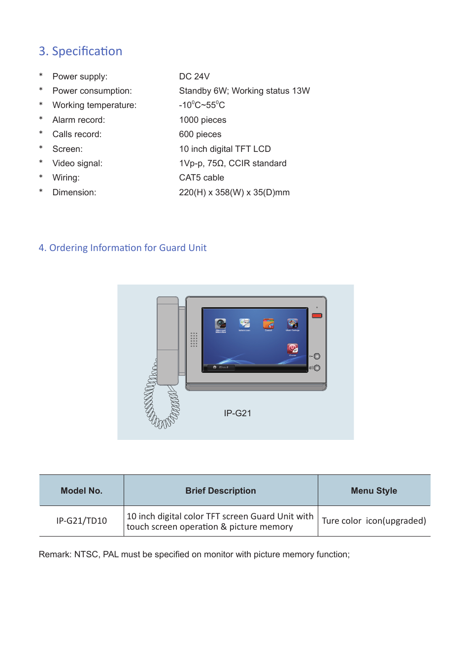 Specification, Ordering information for guard unit | V-Tech G21 Info User Manual | Page 3 / 4