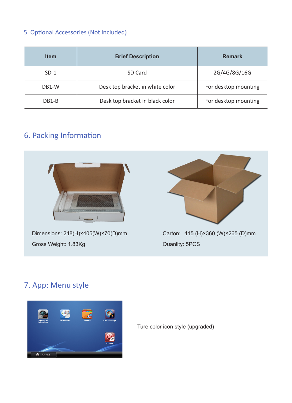 Packing information, App: menu style | V-Tech G21 Info User Manual | Page 4 / 4
