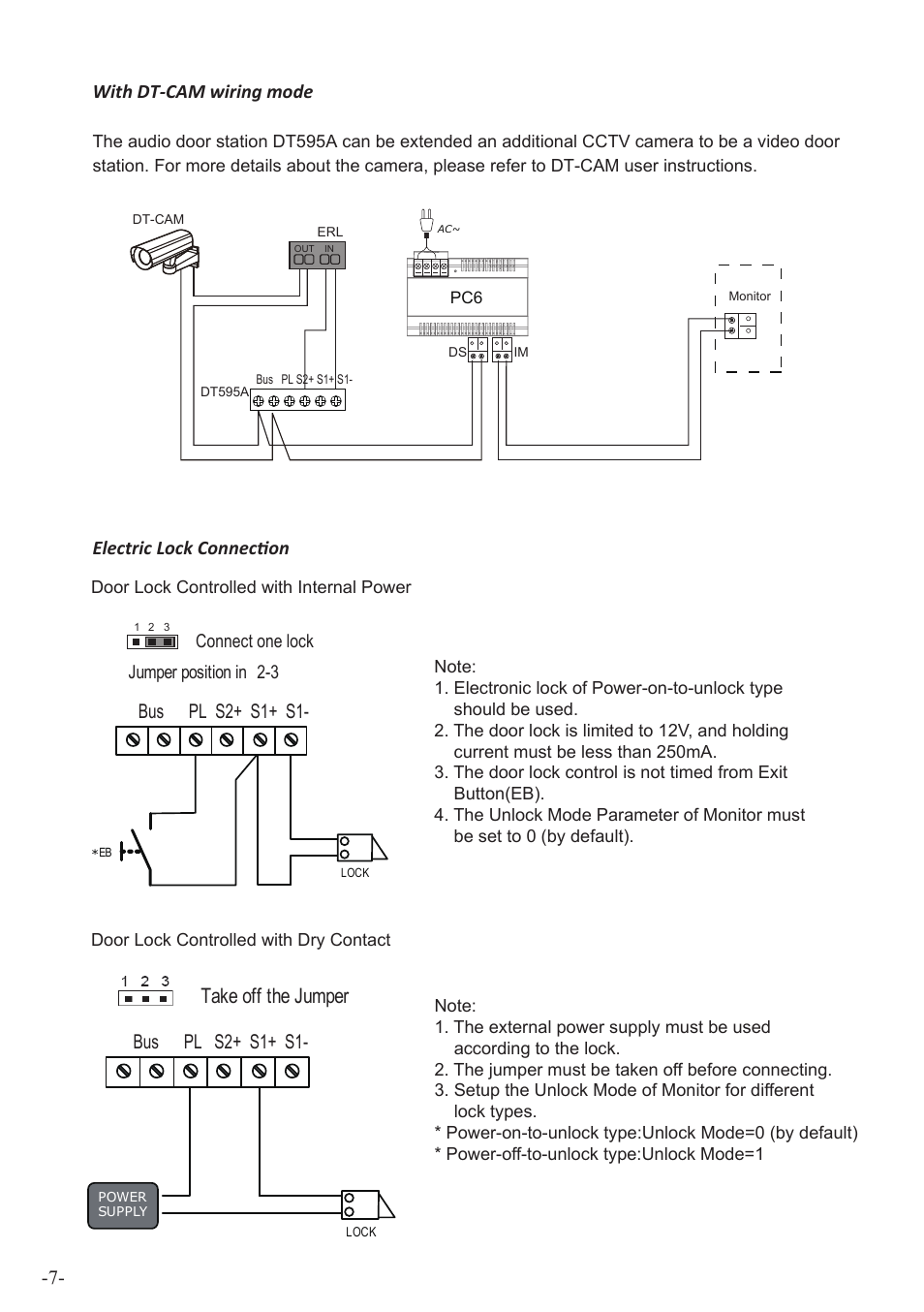 Take off the jumper, With dt-cam wiring mode electric lock connection, Bus pl s2+ s1+ s1 | Dip switch setting | V-Tech DT595A Manual User Manual | Page 7 / 12