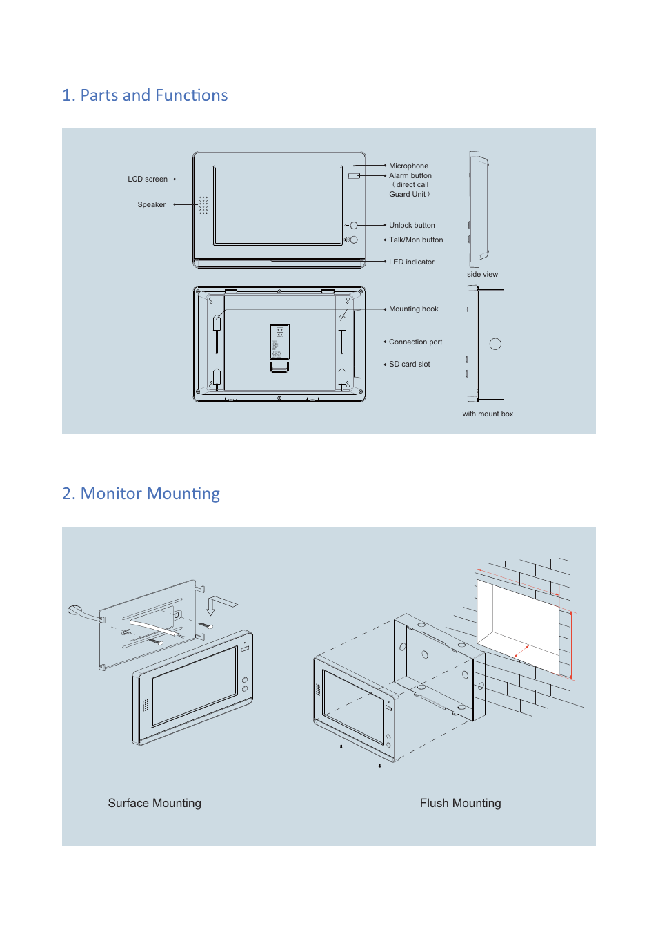 Parts and funcɵ ons 2. monitor mounɵ ng, Surface mounting flush mounting | V-Tech DT21 Info User Manual | Page 2 / 4