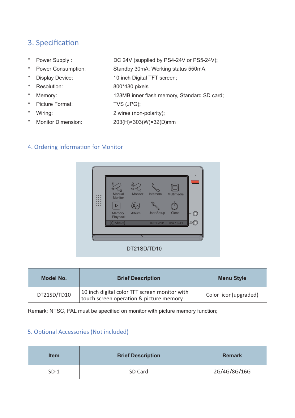 Speciį caɵ on, Ordering informaɵ on for monitor, Opɵ onal accessories (not included) | V-Tech DT21 Info User Manual | Page 3 / 4