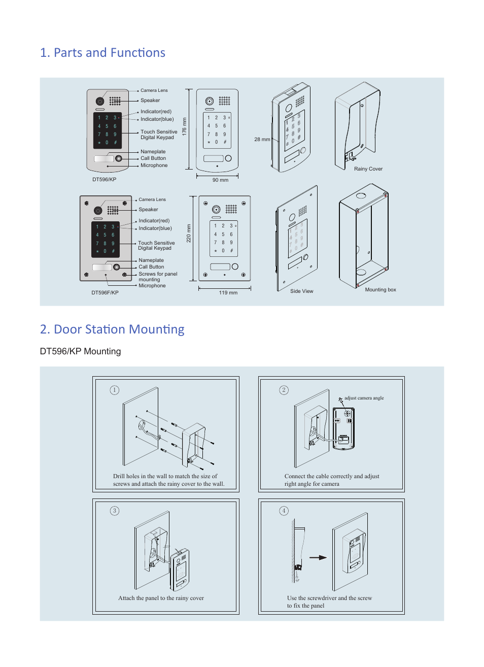 Parts and functions 2. door station mounting, Dt596/kp mounting | V-Tech DT596KP Info User Manual | Page 2 / 4