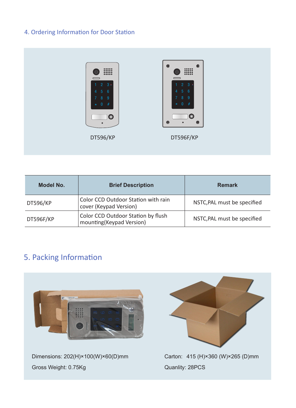 Packing information, Ordering information for door station | V-Tech DT596KP Info User Manual | Page 4 / 4