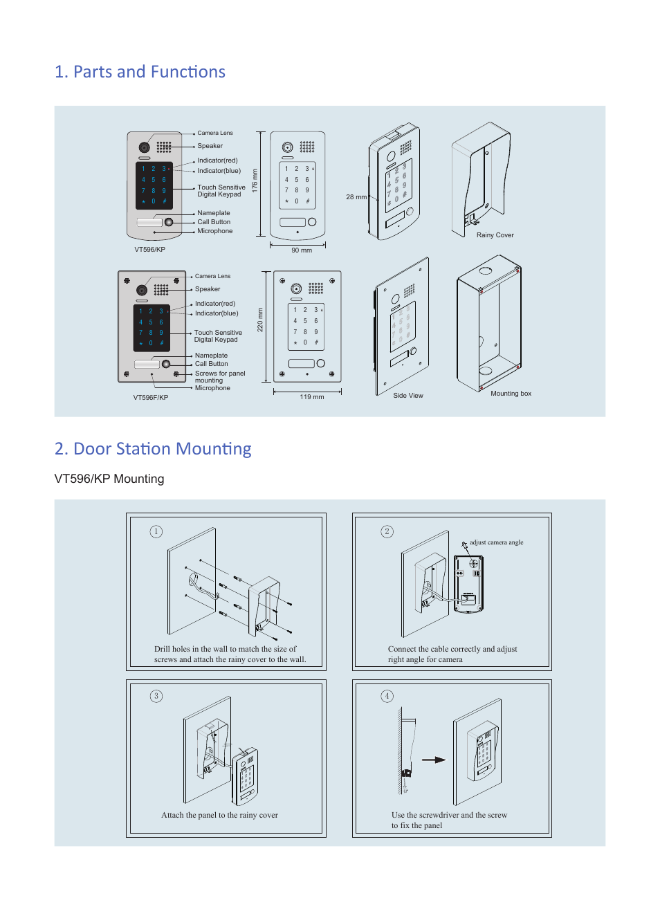 Parts and functions 2. door station mounting, Vt596/kp mounting | V-Tech VT596 Info User Manual | Page 2 / 4