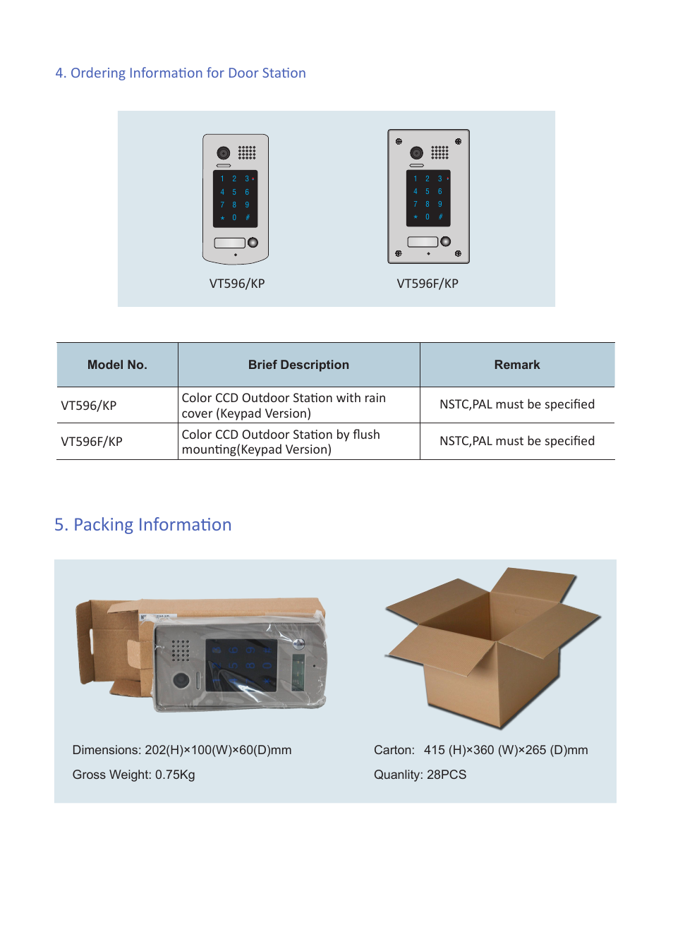 Packing information, Ordering information for door station | V-Tech VT596 Info User Manual | Page 4 / 4