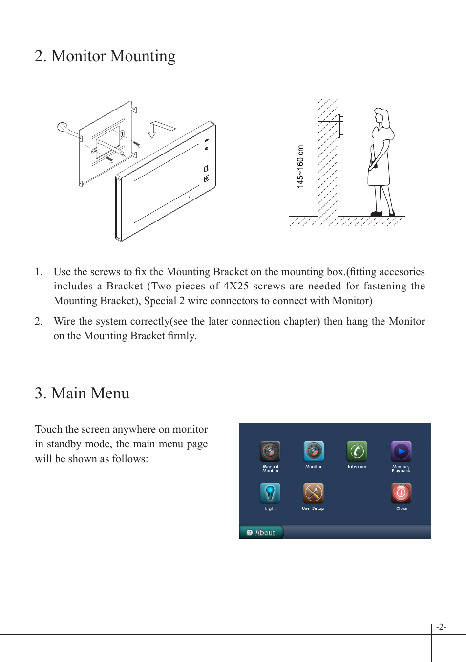 Monitor mounting, Main menu | V-Tech DT47 Manual User Manual | Page 3 / 12