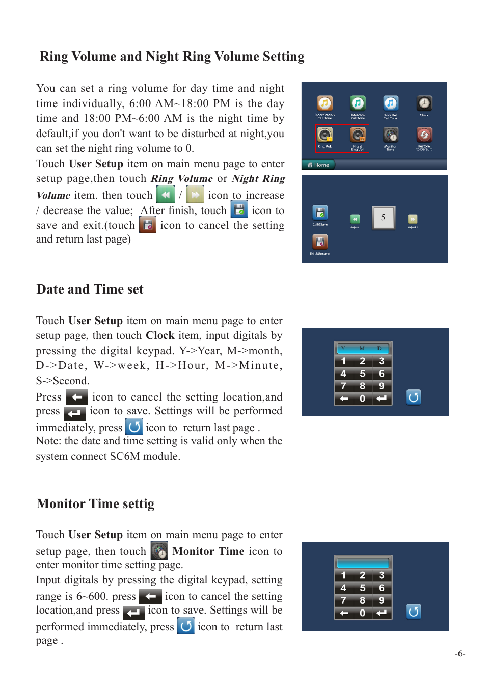 Date and time set monitor time settig, Ring volume and night ring volume setting | V-Tech DT47 Manual User Manual | Page 7 / 12