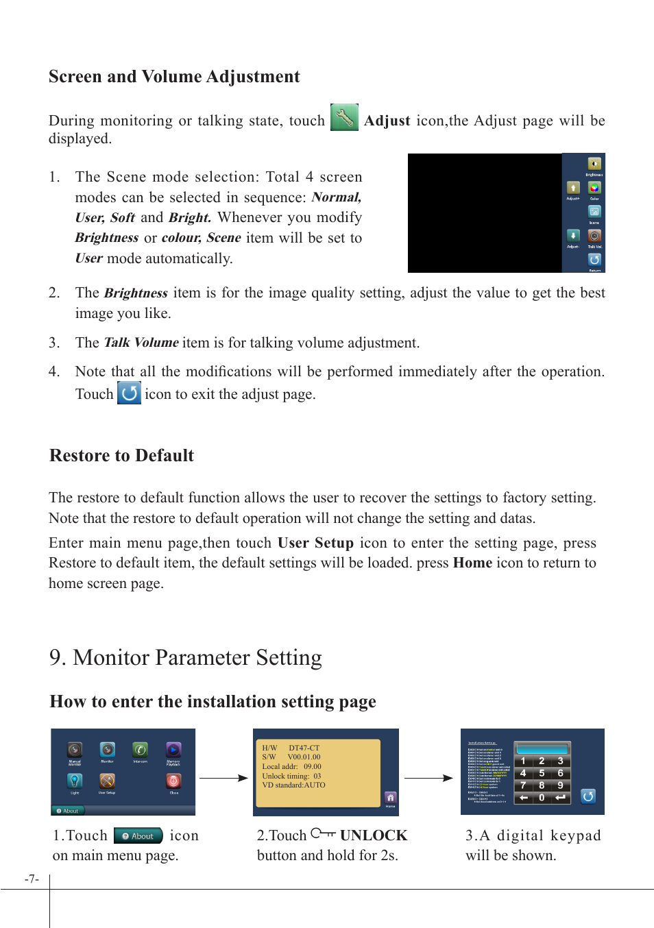 Monitor parameter setting, Restore to default, Screen and volume adjustment | How to enter the installation setting page | V-Tech DT47 Manual User Manual | Page 8 / 12