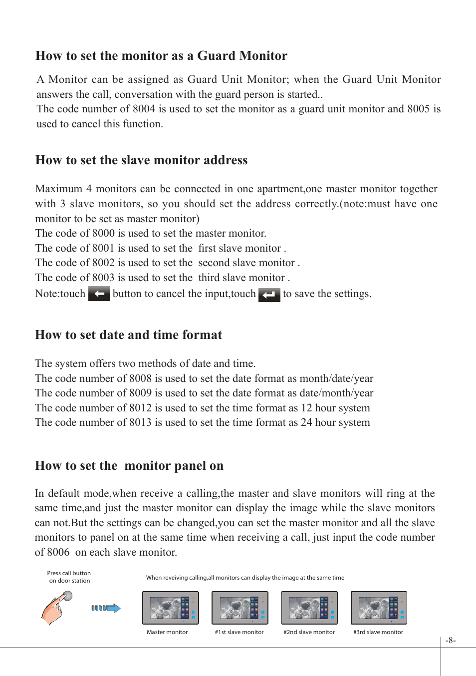 How to set the monitor panel on, How to set date and time format | V-Tech DT47 Manual User Manual | Page 9 / 12