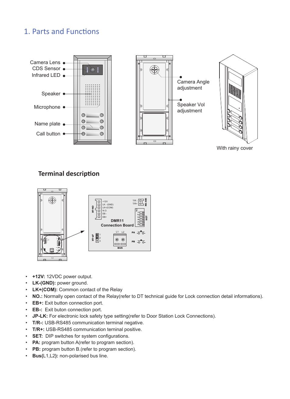 Parts and functions, Terminal description | V-Tech DMR11 Info User Manual | Page 2 / 6