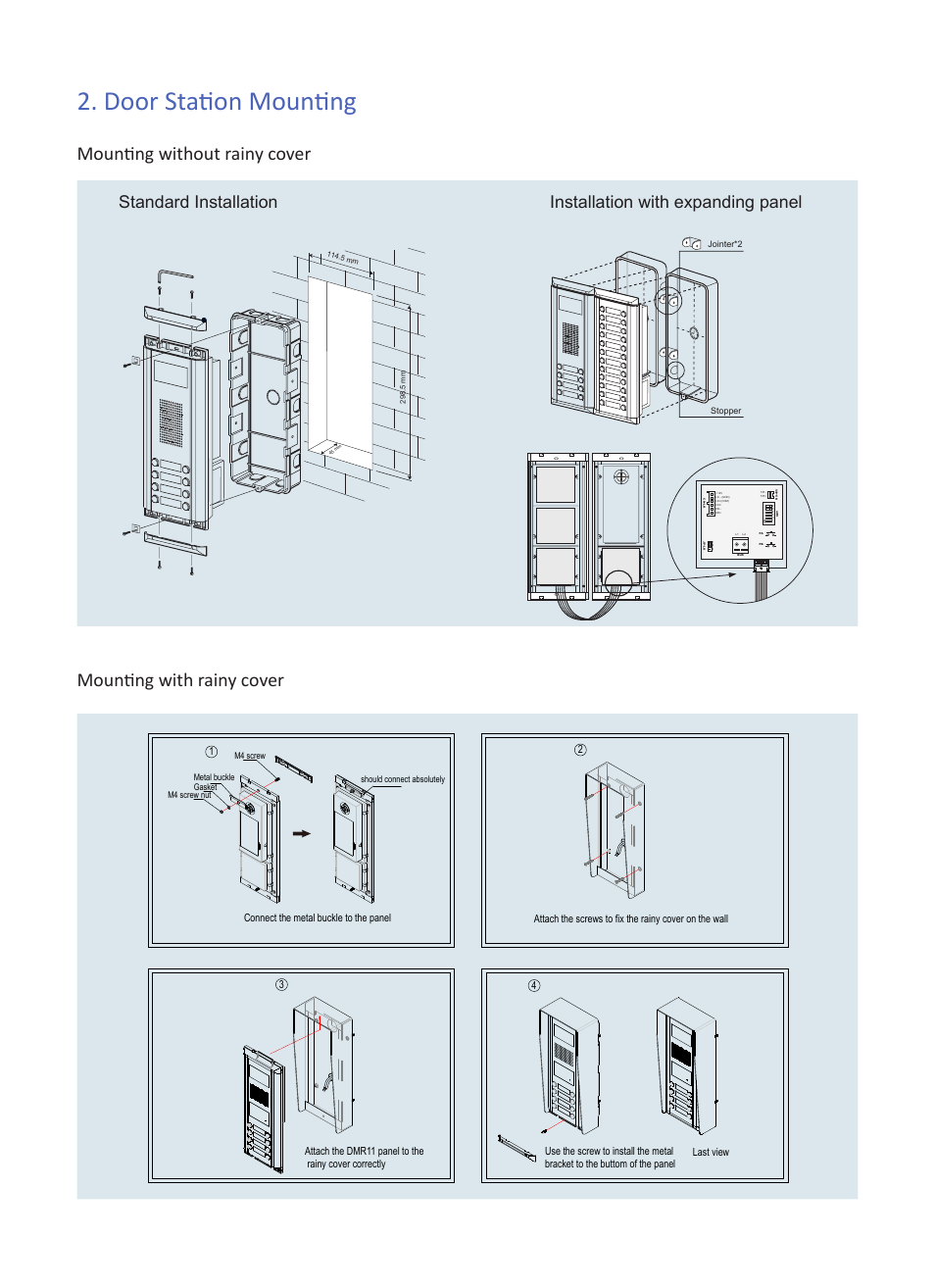 Door station mounting, Standard installation, Installation with expanding panel | V-Tech DMR11 Info User Manual | Page 3 / 6