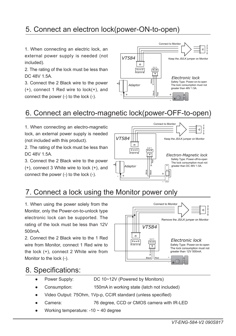 Specifications, Vt584, Electronic lock | V-Tech VT584 Manual User Manual | Page 2 / 2