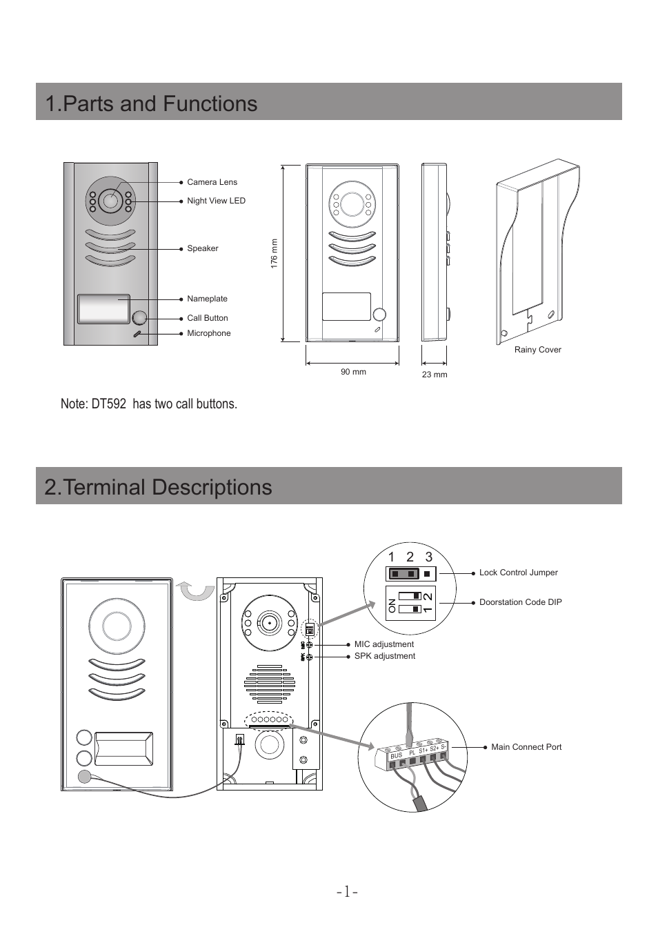 Parts and functions, Terminal descriptions | V-Tech DT592 Manual User Manual | Page 3 / 16