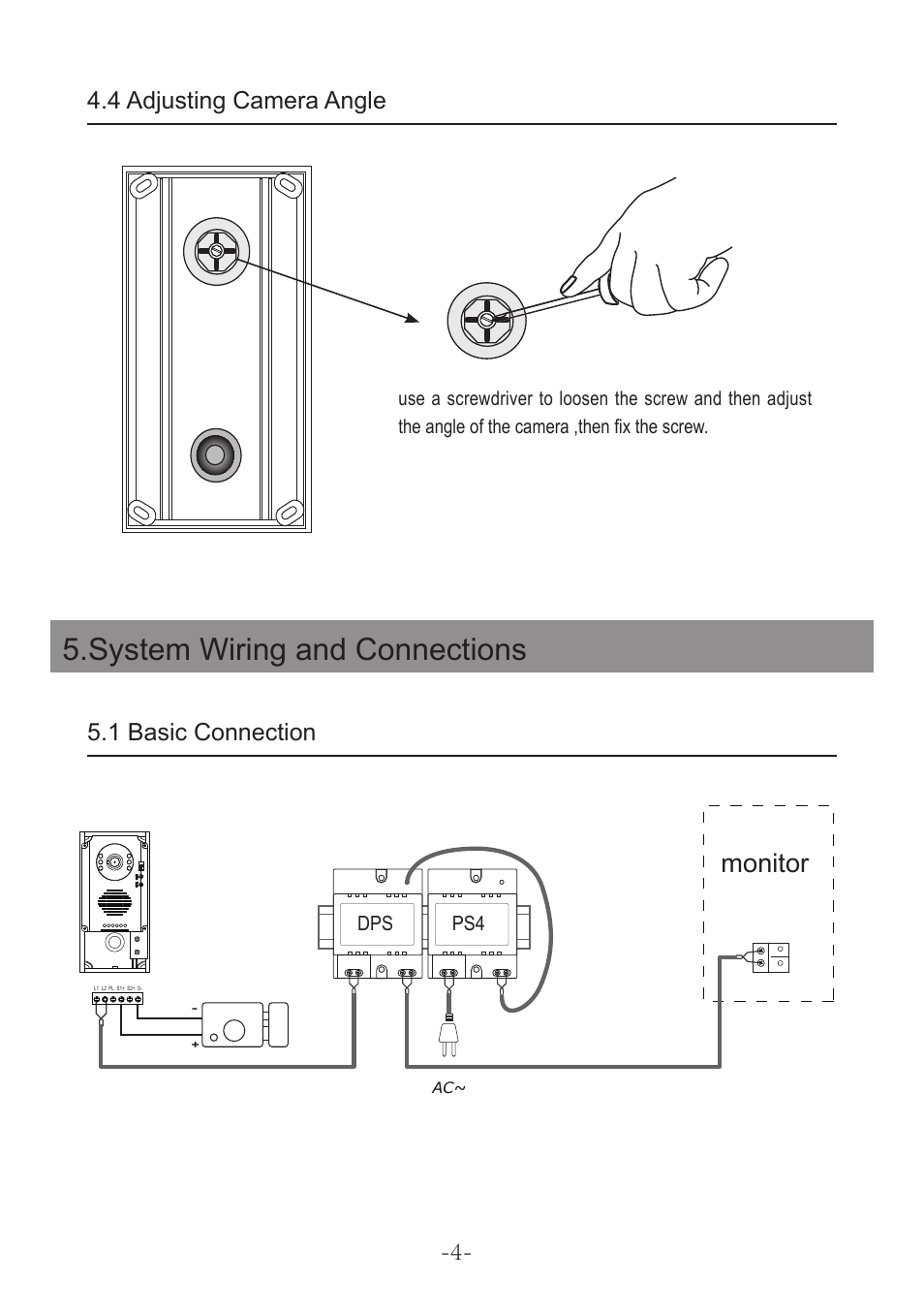 System wiring and connections, Monitor, 4 adjusting camera angle 5.1 basic connection | V-Tech DT592 Manual User Manual | Page 6 / 16