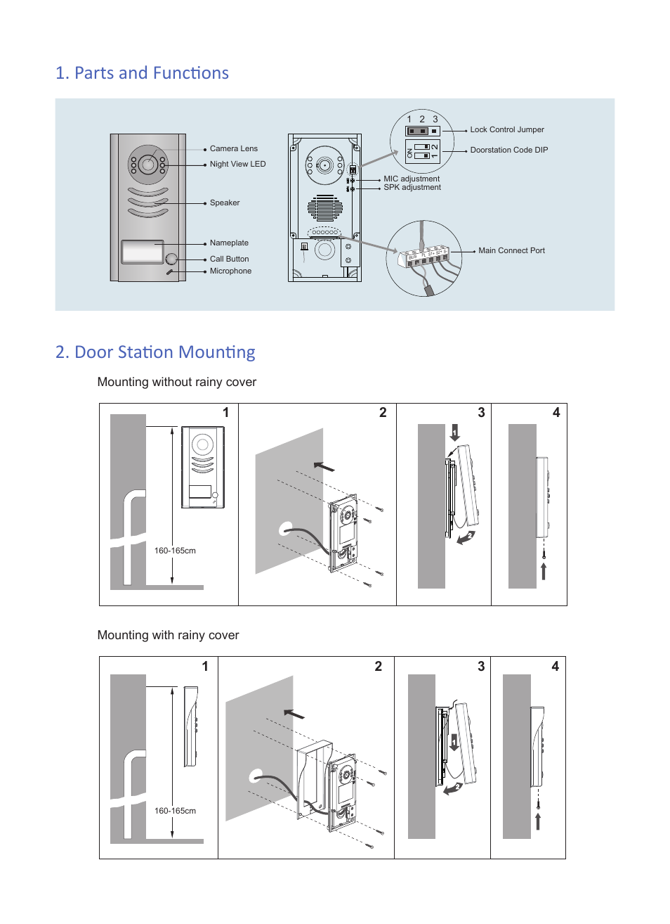 Parts and functions 2. door station mounting | V-Tech DT592 Info User Manual | Page 2 / 3