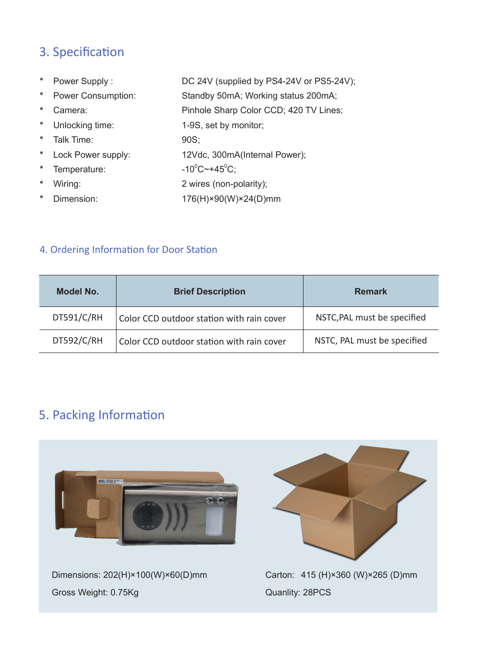 Specification, Packing information, Ordering information for door station | V-Tech DT592 Info User Manual | Page 3 / 3