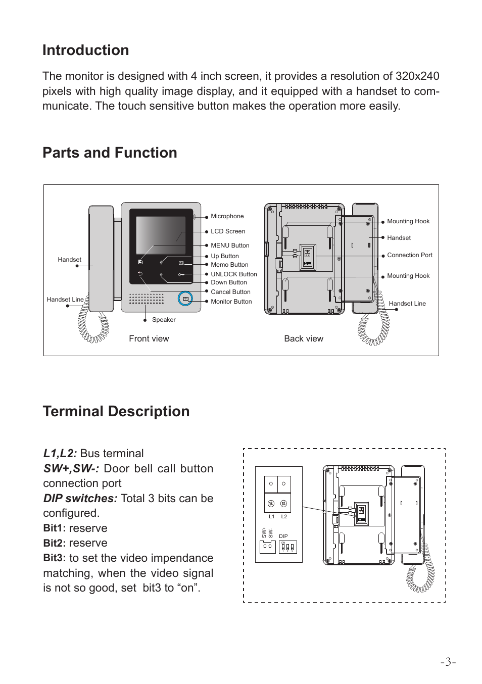 Introduction, Parts and function, Terminal description | Reserve, Bit1, Bit2, Bit3 | V-Tech DT24 Manual User Manual | Page 3 / 12