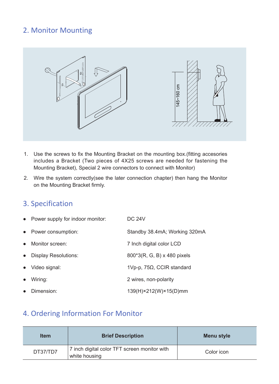Specification 2. monitor mounting, Ordering information for monitor | V-Tech DT37 Info User Manual | Page 3 / 4