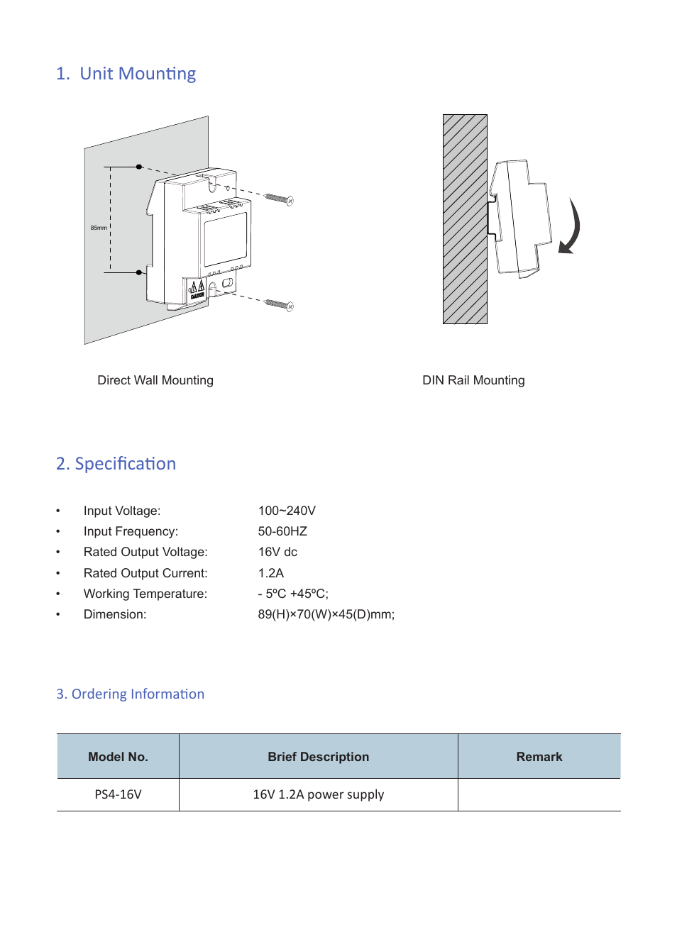 Unit mounting 2. specification | V-Tech PS4-16V Info User Manual | Page 2 / 3