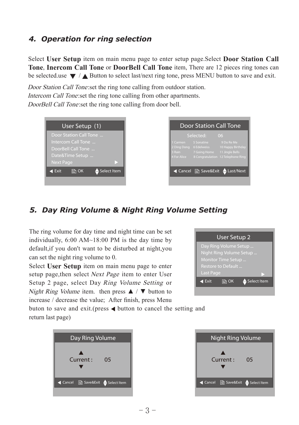 Operation for ring selection, User setup, Door station call tone | Inercom call tone, Doorbell call tone, Day ring volume & night ring volume setting | V-Tech AT25_D4 Manual User Manual | Page 5 / 12