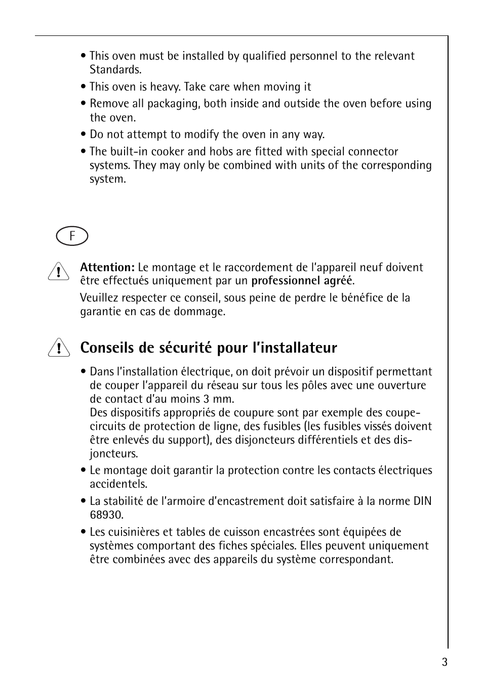 Conseils de sécurité pour l’installateur | AEG SSUPERCL-D(SET 4 ) User Manual | Page 3 / 14