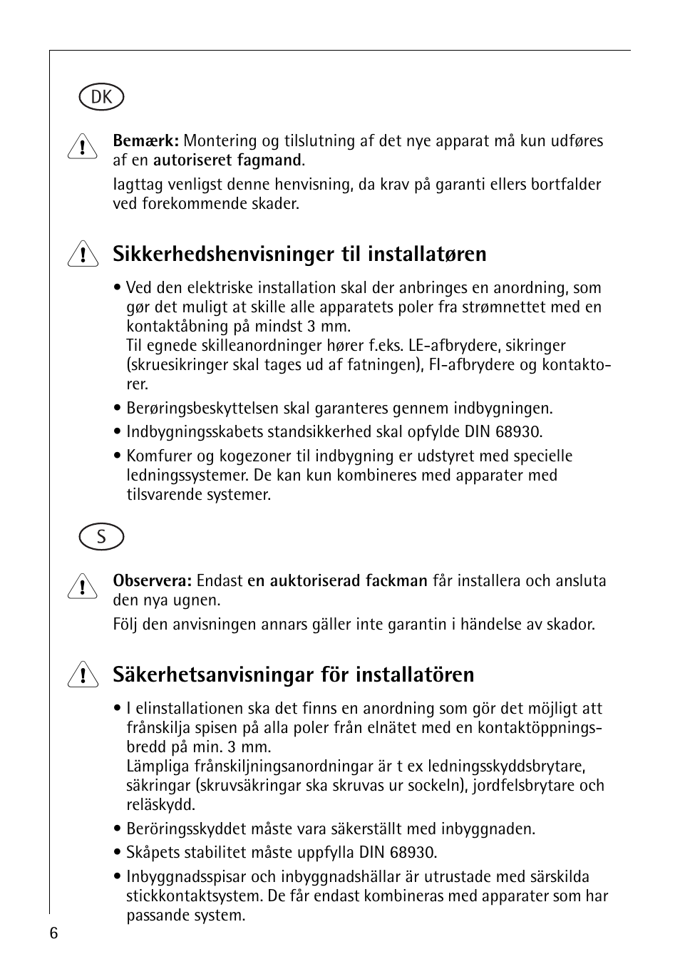 Sikkerhedshenvisninger til installatøren, Säkerhetsanvisningar för installatören | AEG SSUPERCL-D(SET 4 ) User Manual | Page 6 / 14