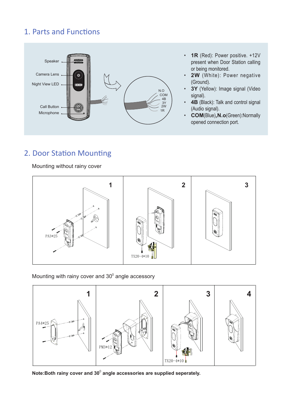 Parts and functions 2. door station mounting | V-Tech VT595 Info User Manual | Page 2 / 3