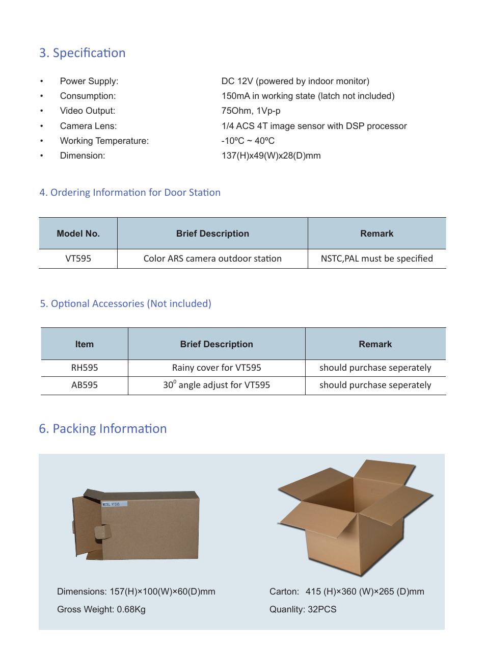 Specification, Packing information | V-Tech VT595 Info User Manual | Page 3 / 3