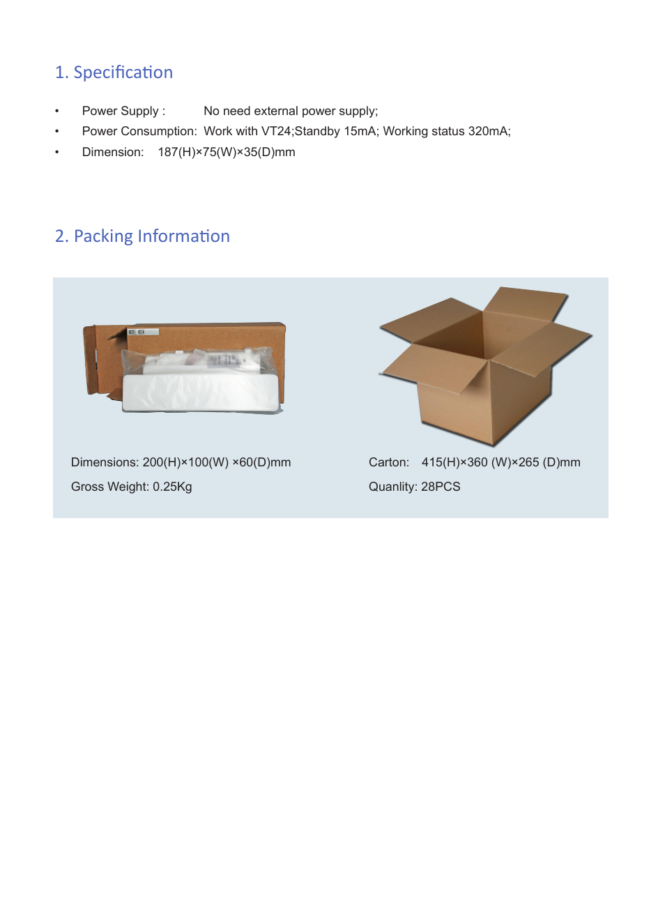 Specification, Packing information | V-Tech HS24 Info User Manual | Page 2 / 2